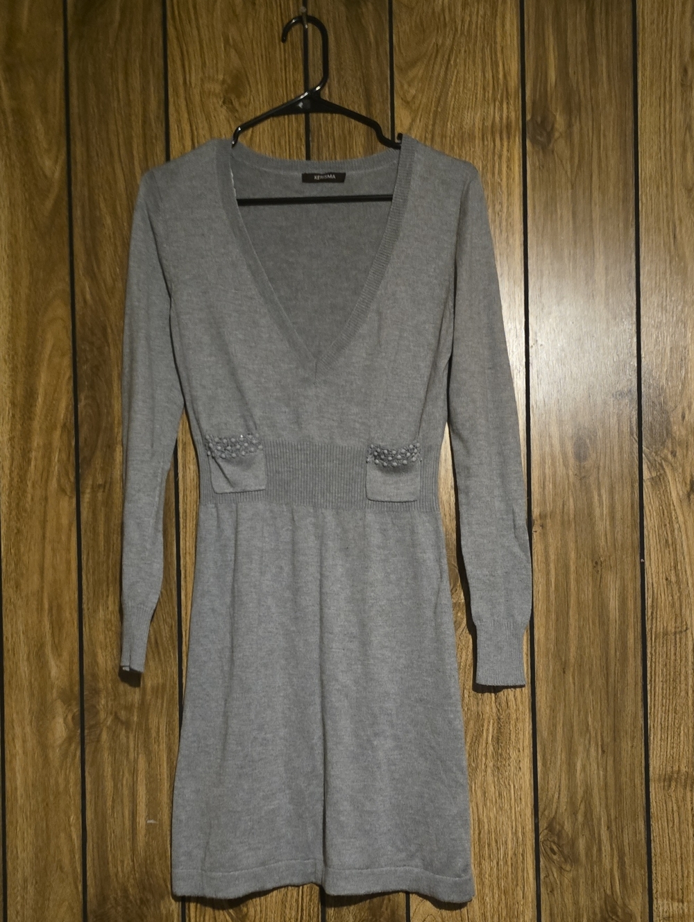 Kerisma Gray V-Neck Long Sleeve Knit Dress with Beaded Pocket Detail